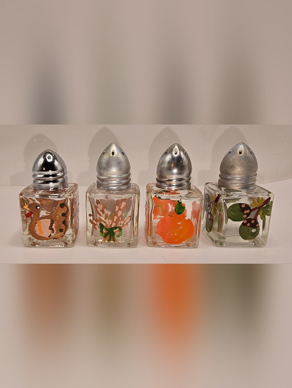 Set of 4 Mini Glass Salt and Pepper Shakers Hand-Painted Autumn / Thanksgiving